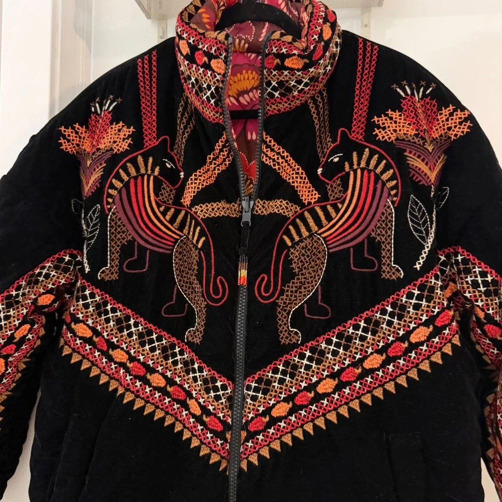 Farm Rio Nature Beauty Reversible Velvet Embroidered Puffer Jacket M Maximalist
